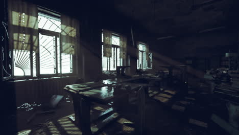 forgotten classroom filled with dust and sunlight in an abandoned building