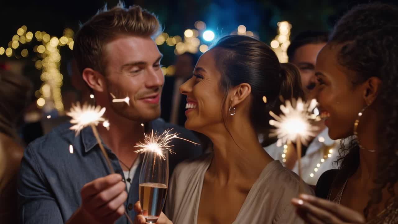 Festa gioiosa con amici che si godono le stelle filanti a un vivace raduno serale sotto luci scintillanti.