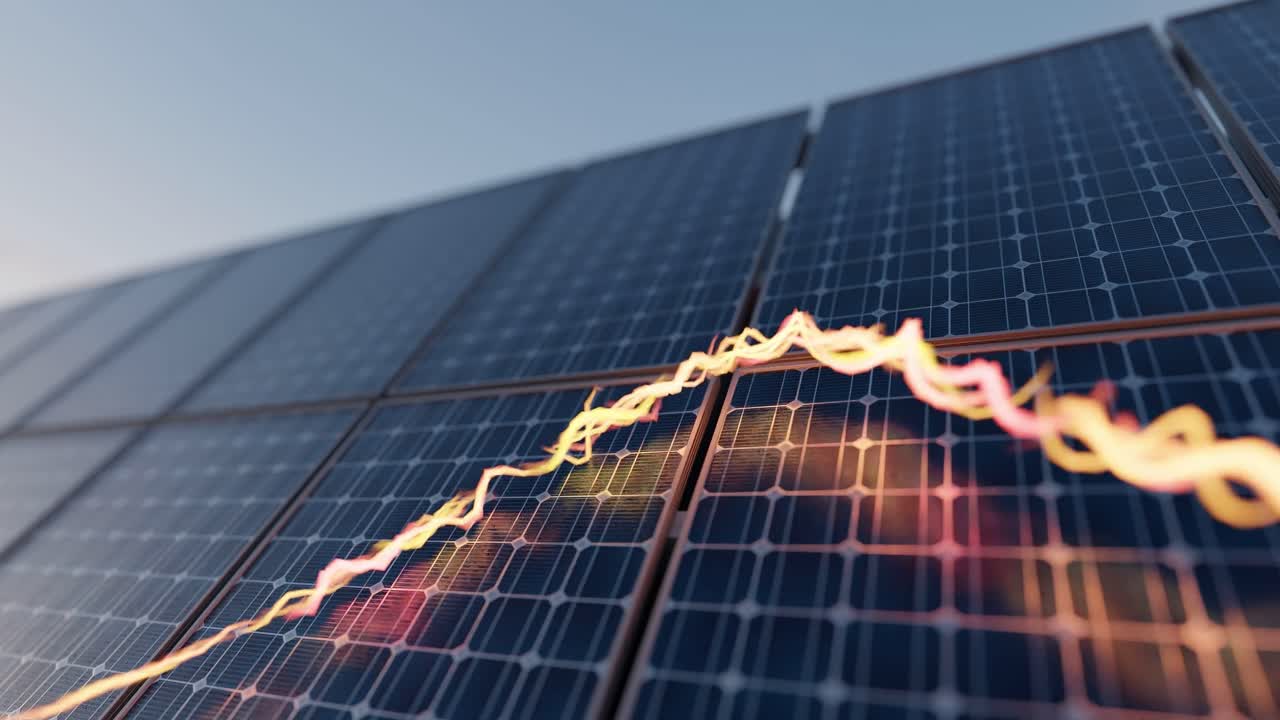 해가 지는 배경에서 태양광 패널 에너지를 활용하는 것