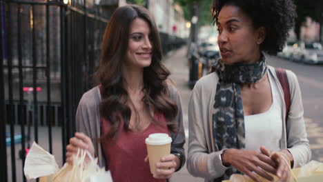 two beautiful woman friends shopping walking through city