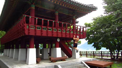 young muscular male exercising at korean pagoda