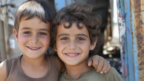 cheerful young brothers sharing warm embrace outdoors, radiating genuine friendship and joyful childhood connection with bright smiles and affectionate closeness