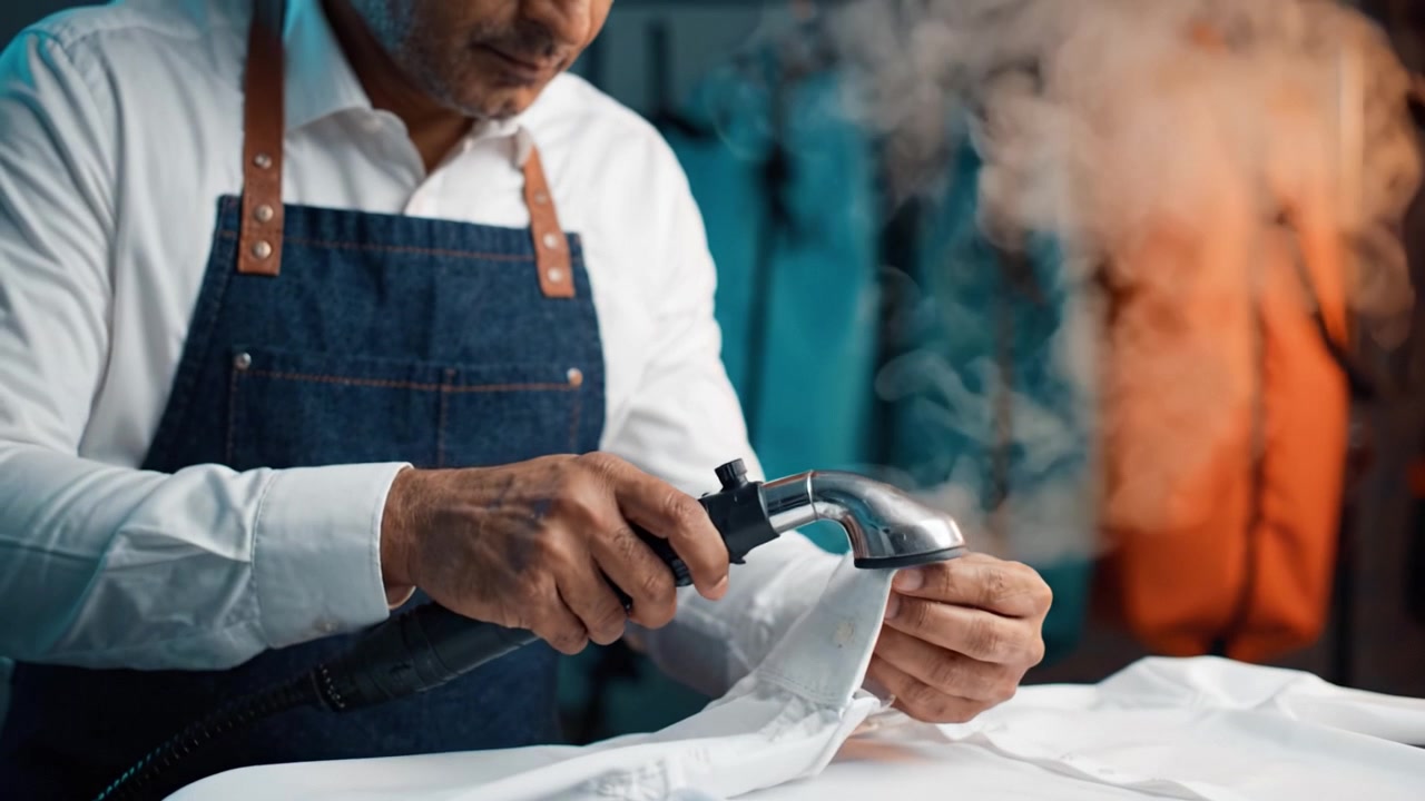 A professional tailor steaming a white shirt with a handheld steamer, ensuring crisp, wrinkle-free fabric while showcasing meticulous attention to detail and craftsmanship.