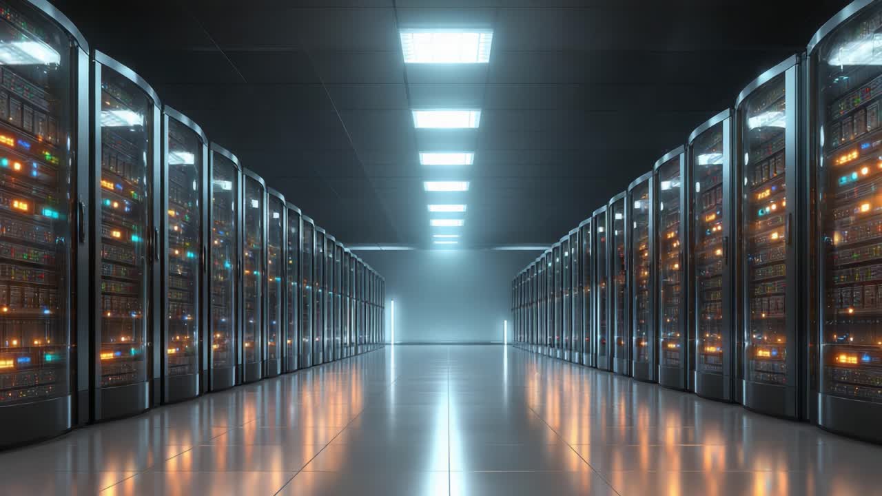 Et omfattende overblik over et højteknologisk datacenter med rækker af servere, oplyste racks og et elegant, moderne miljø designet til effektiv databehandling.