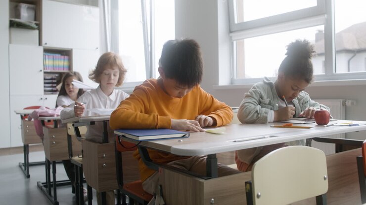 Kid doing paper airplane in the classroom.