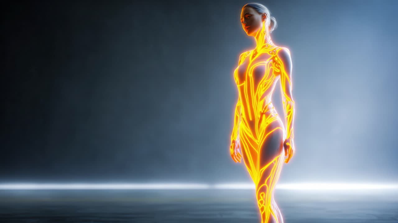 Transformação Cativante: Uma Figura Feminina Futurista Evolui com Padrões de Luz Deslumbrantes, Exibindo Robótica Avançada em um Ambiente Escuro e Místico