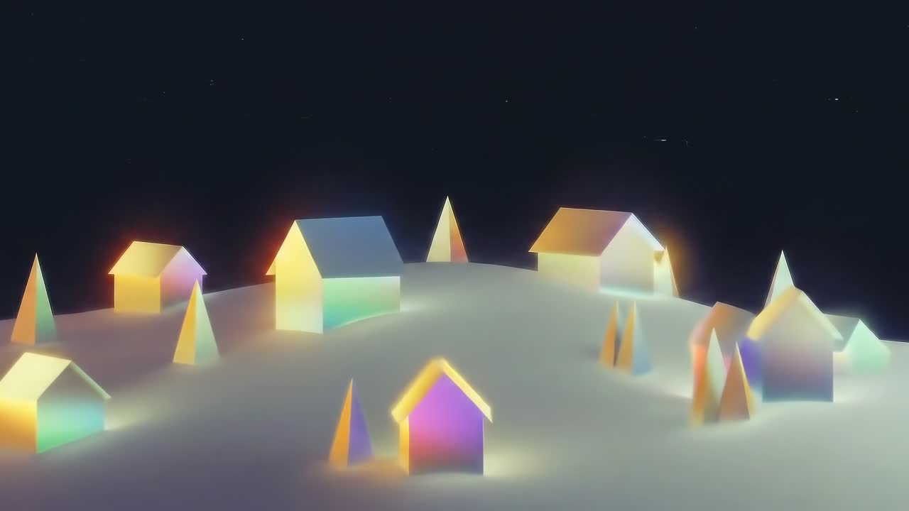 Aerial view of glowing geometric houses on a hill, creating a dreamy video game landscape
