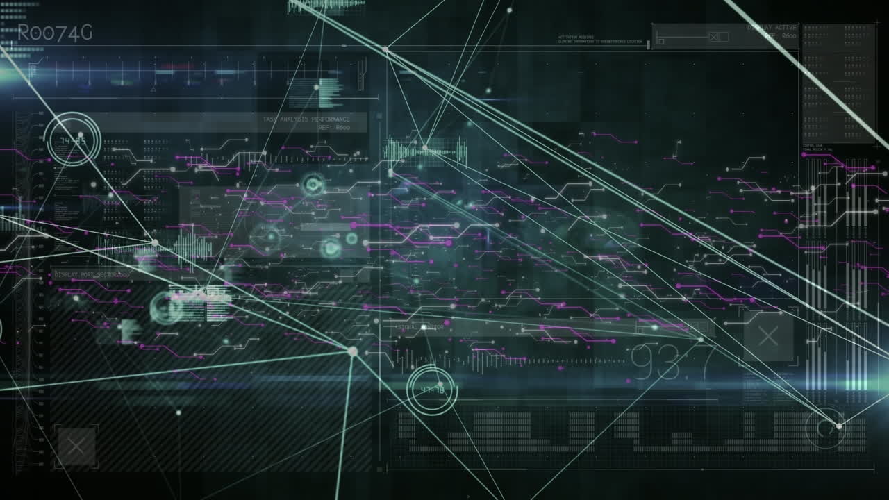 Animation of network of connections with icons over data processing