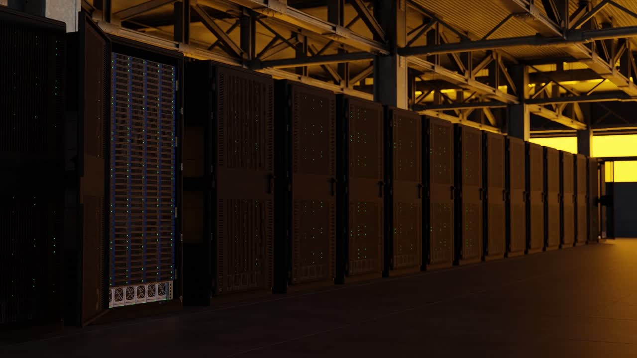 Row of black server racks in industrial data center with yellow lighting and exposed ceiling. Cloud computing and digital storage infrastructure concept. Design for banner, poster, wallpaper
