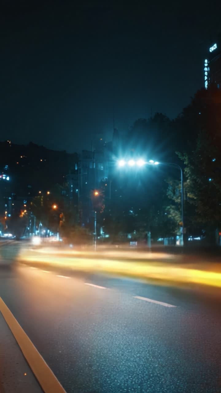 Paesaggio urbano notturno illuminato: una sequenza dinamica di traffico e luci stradali che cattura l'essenza della vita cittadina sotto un cielo scuro.