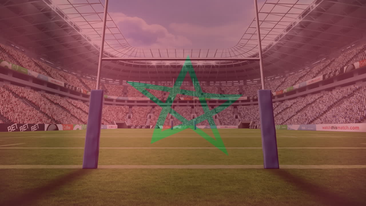 animación de la bandera de marruecos ondeando contra la vista de un estadio de rugby