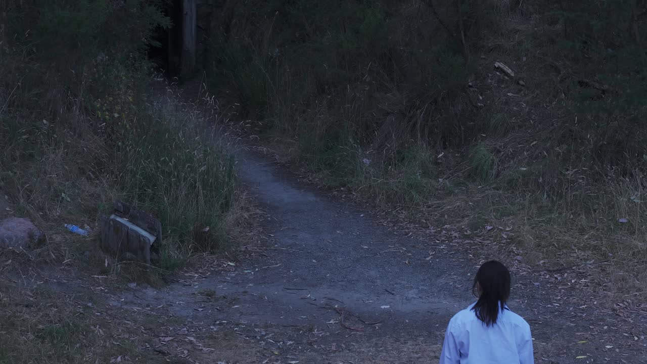 夕暮れ時、ワランダイト公園の採掘トンネル入口に向かう少女。自然豊かな環境と穏やかな雰囲気が際立つ、静かで平和な一瞬を捉えた場面。