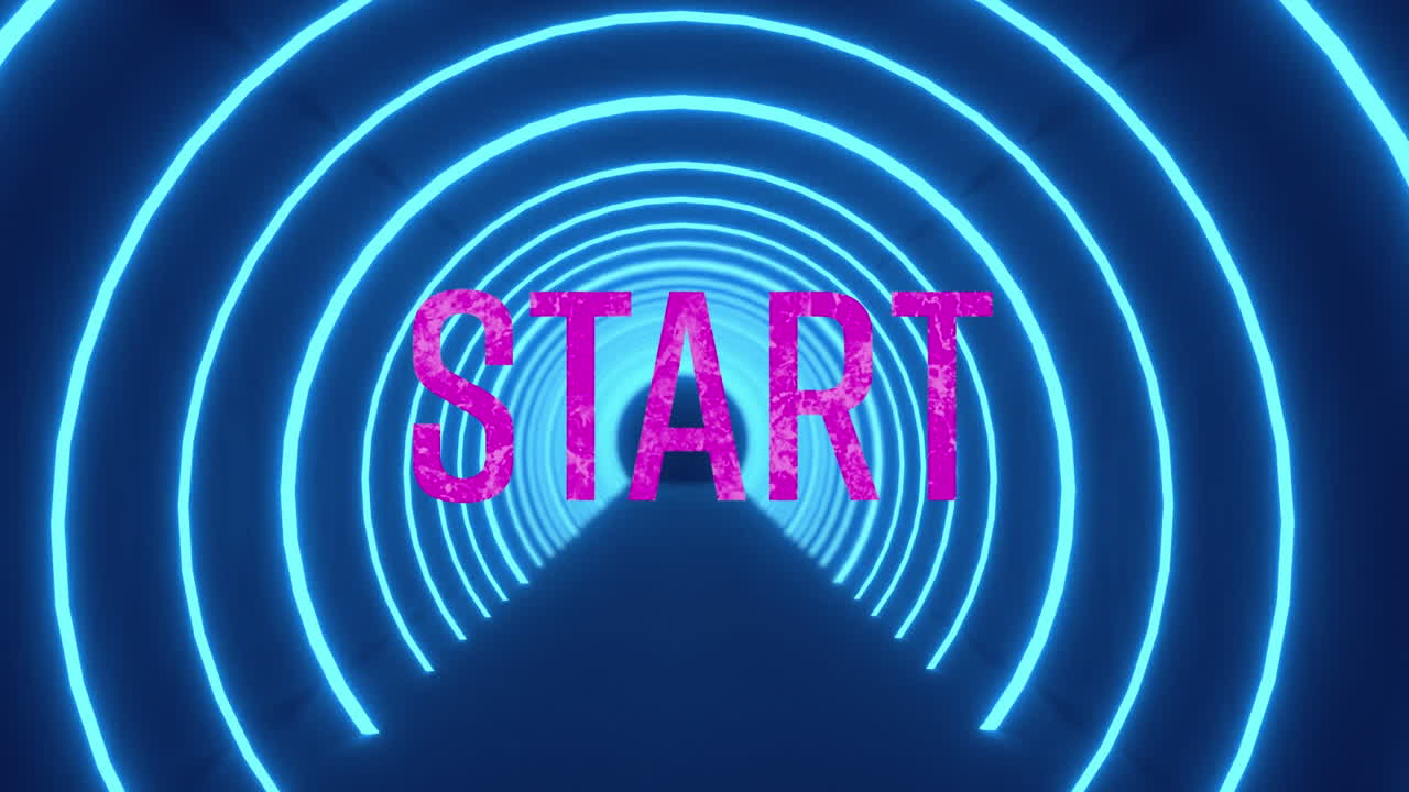 animación del texto de inicio sobre el túnel de neón sobre fondo azul