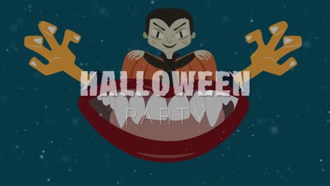 Animation-of-halloween-party,-mouth-and-zombie-on-dark-blue-background