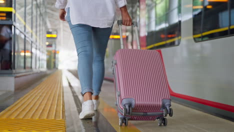 woman with luggage at train station