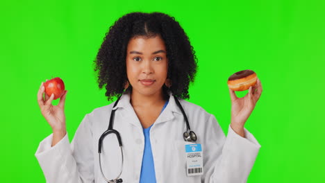 mujer, pantalla verde o médico con rosquilla