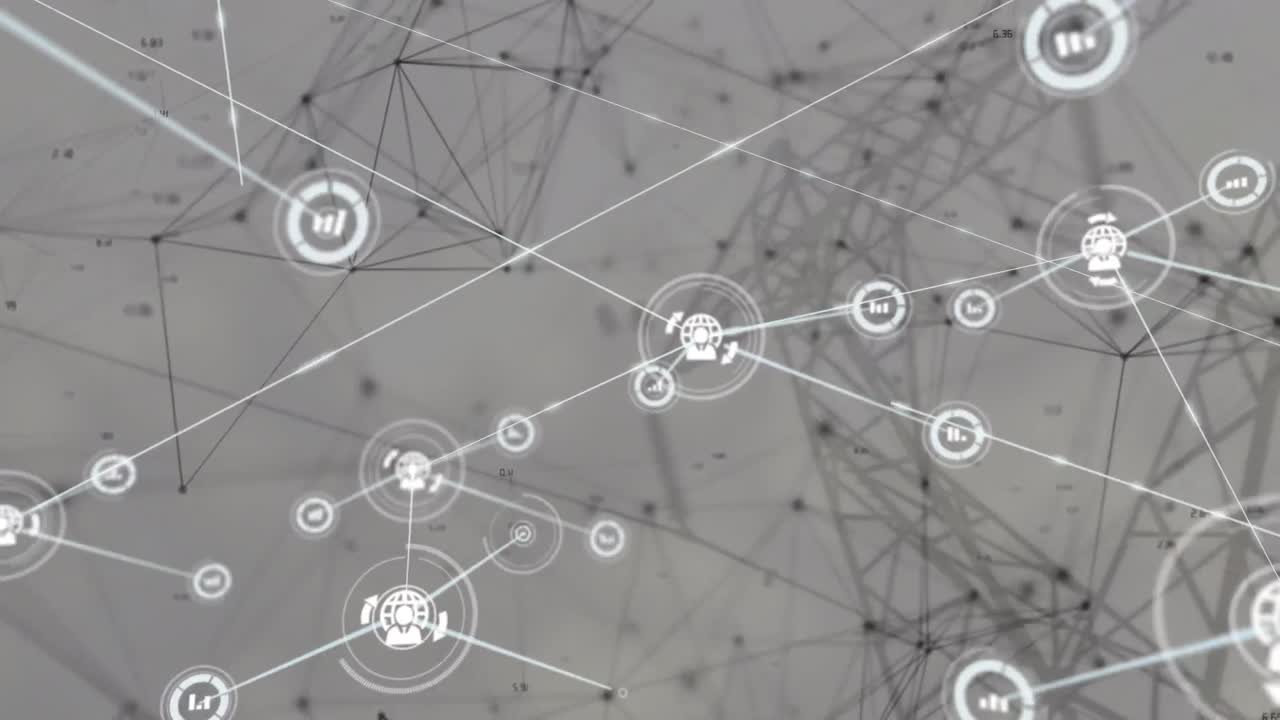 연결된 아이콘의 애니메이션, 기하학적 모양을 형성하는 점, 송신 타워의 낮은 각도 뷰