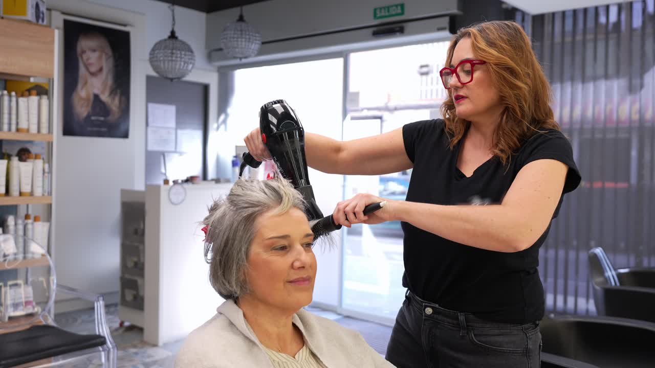 Hairstylist Blow-Drying and Styling a Client's Hair in a Salon