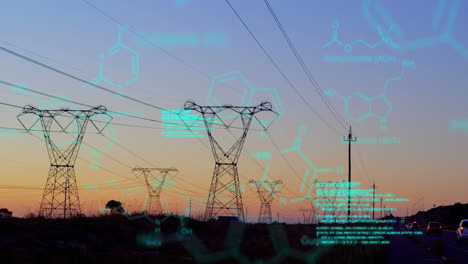 chemical structures with program codes and a background of transmission towers