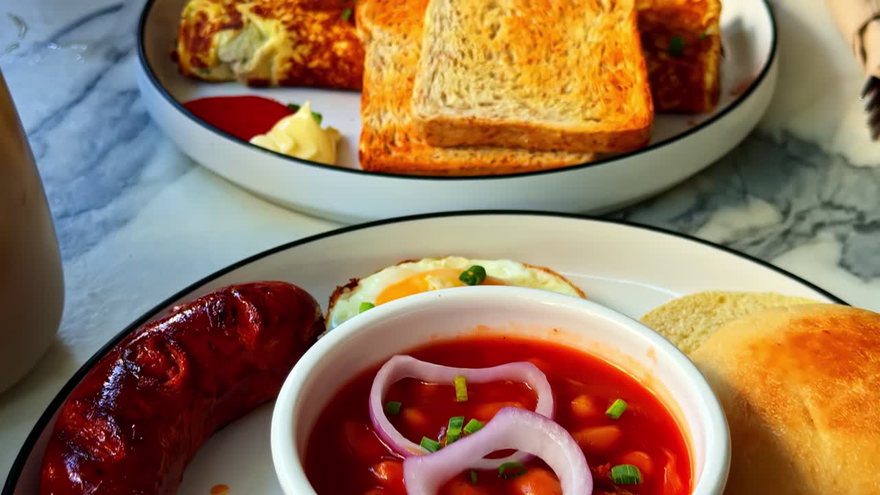 Piatto salato per la colazione con salsiccia, pancetta, fagioli al forno, pane tostato e pomodori arrostiti servito su un tavolo da caffè in marmo