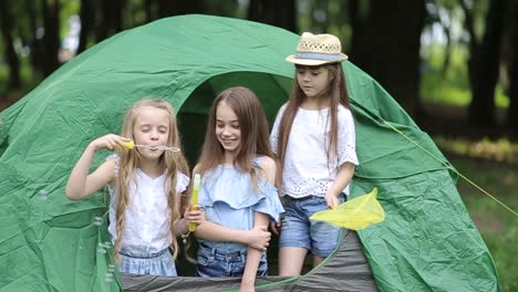 happy kids at the picnic near the fire children in the camp by the bonfire group teen outdoors at summer