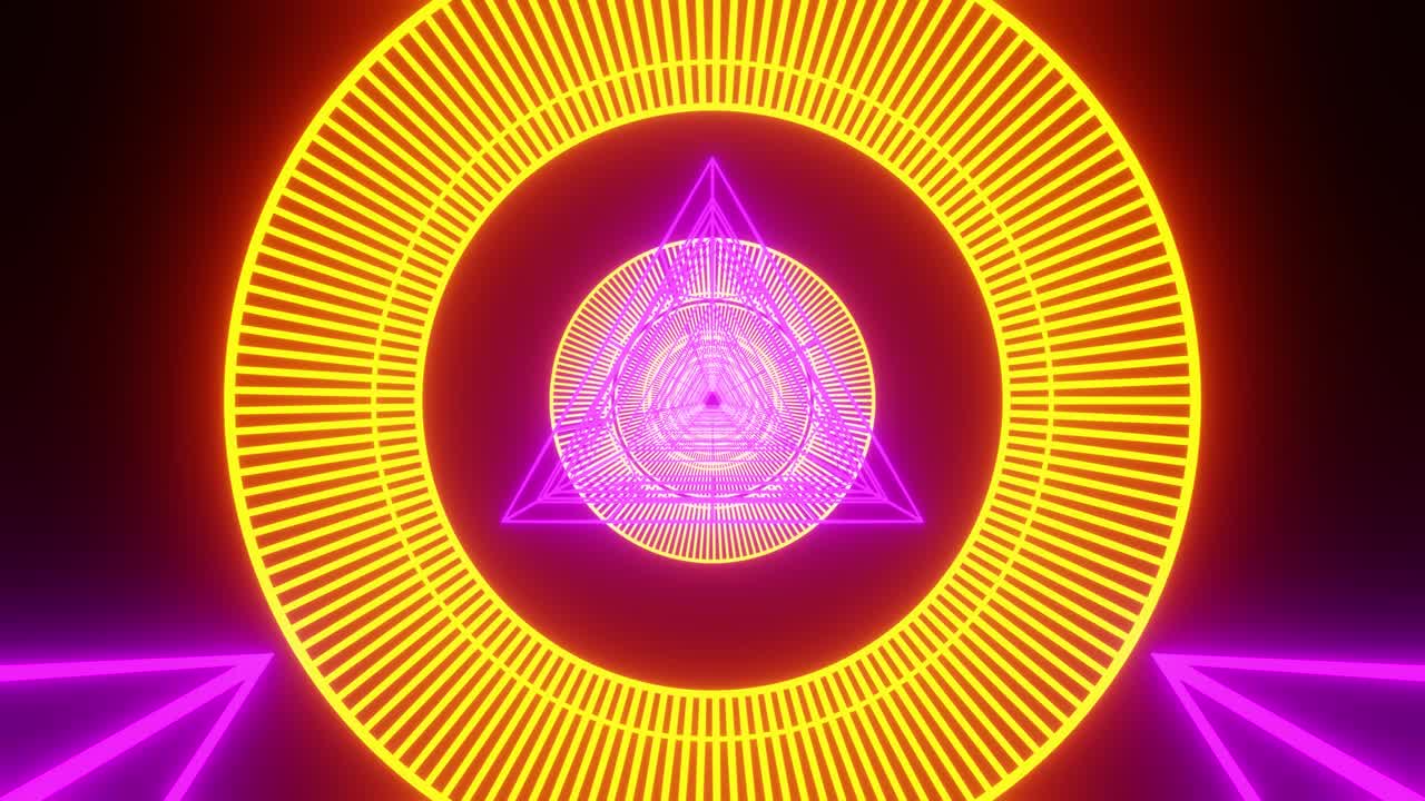 túnel de bucle retro de ciencia ficción con triángulo púrpura y anillo naranja