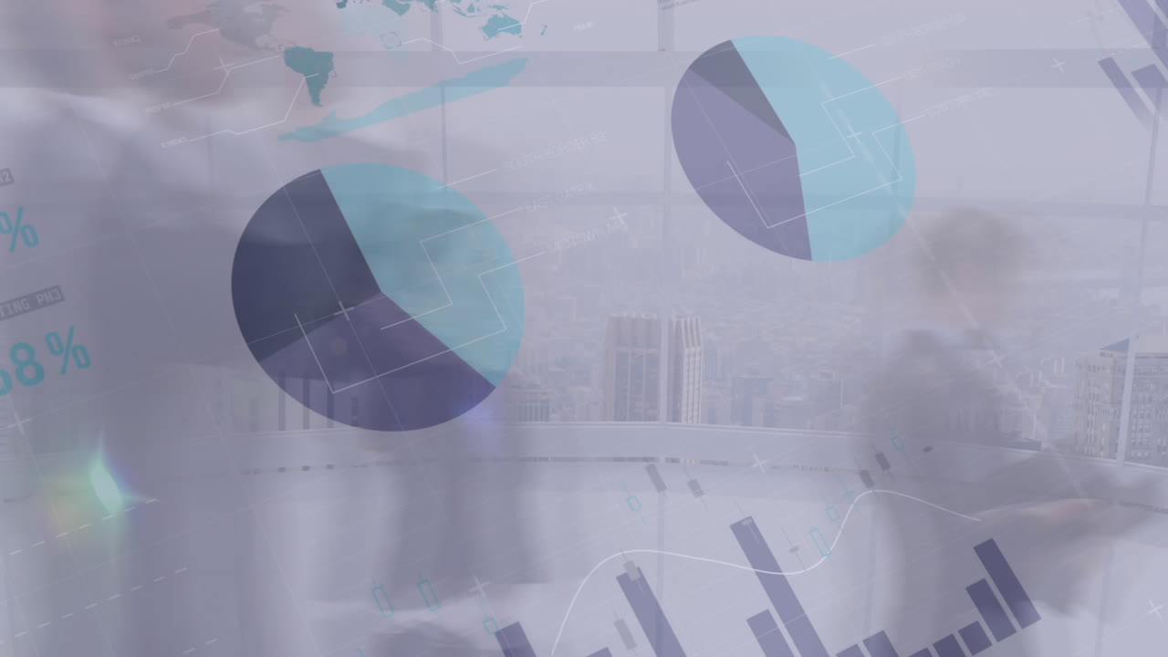 caminando personas con datos financieros en el fondo 4k