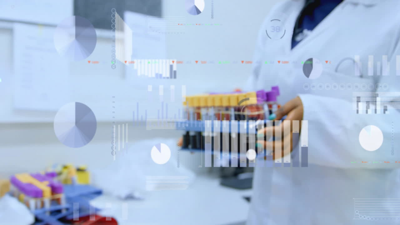 Holding test tubes, scientist analyzing data with animation in laboratory setting