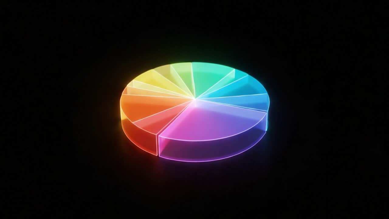 A Vibrant Display of a Geometric Pie Chart with Colorful Segments Illuminated Against a Dark Background in a Dynamic Transition from One Frame to Another