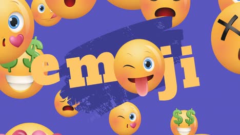 Animation-Von-Emojis-Und-Emoticons,-Die-Sich-über-Violetten-Hintergrund-Bewegen