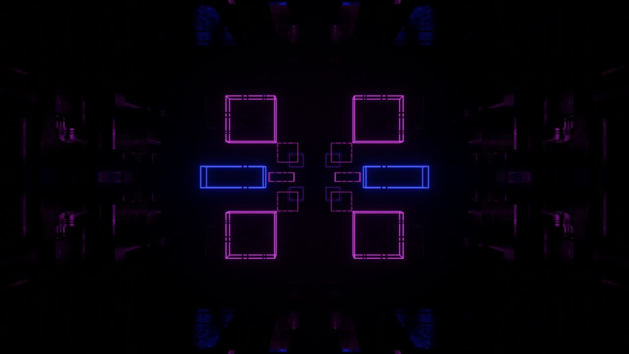 Glow sci fi symmetrical construction. Vj loop trendy neon tunnel. hi tech neon tunel. Sci-fi flight through cyberspace with symmetry. Video game or vj night club background with neon light