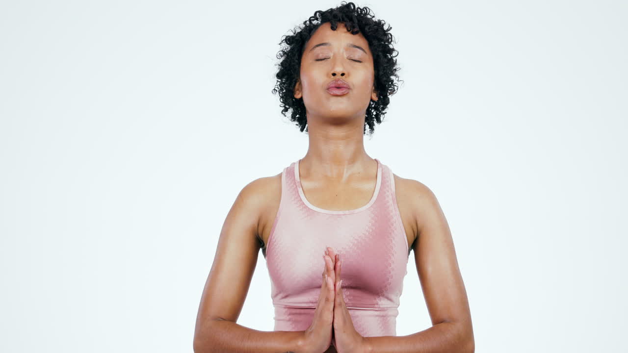 Breathing, meditation and woman with praying hands