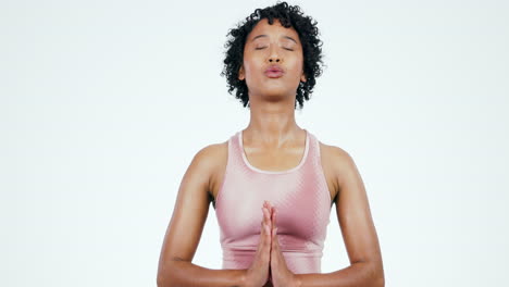 breathing, meditation and woman with praying hands