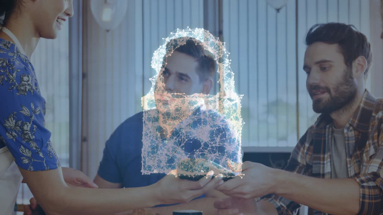 animación del candado de seguridad de la red sobre las personas que utilizan el terminal de pago