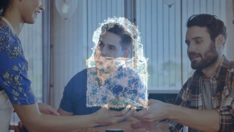 animation of network security padlock over people using payment terminal