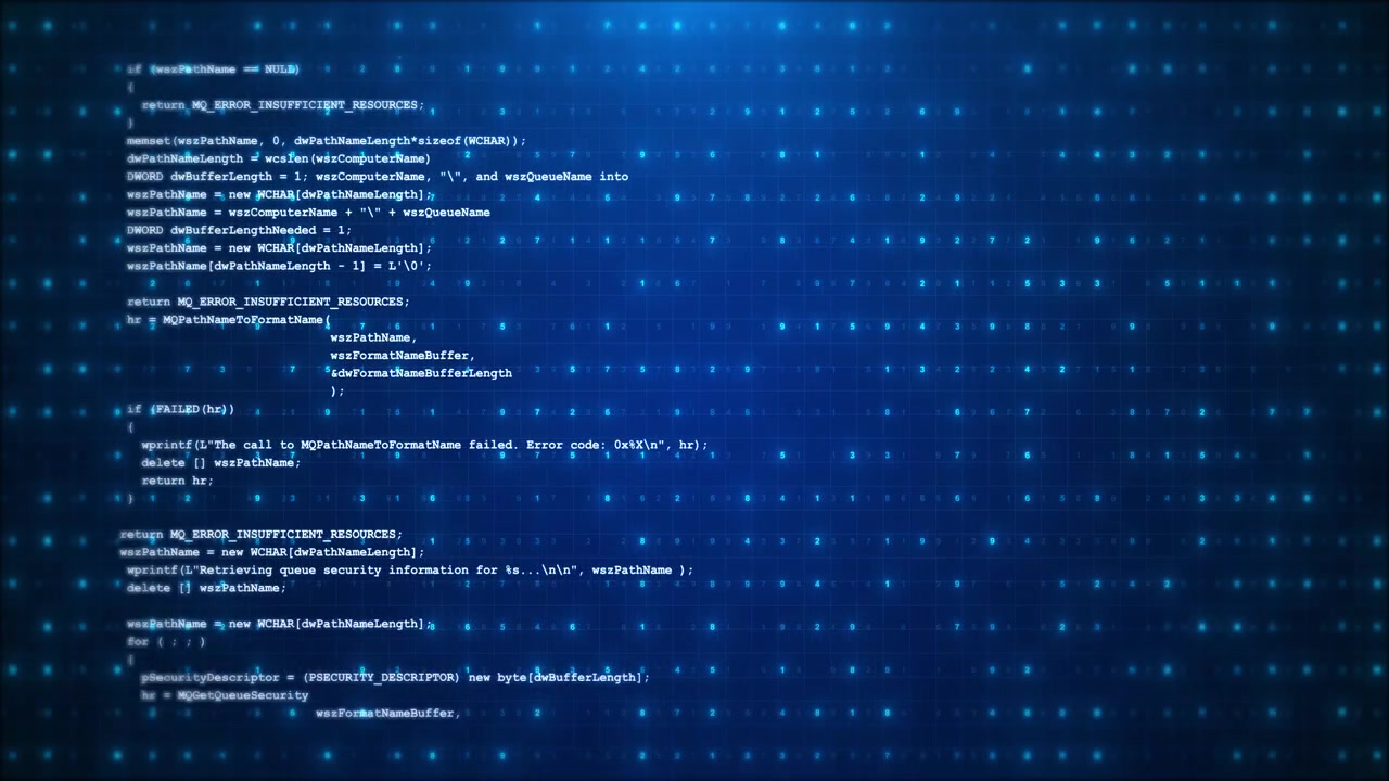 Blue code screen background programming text glowing numbers digital grid and data matrix depth for