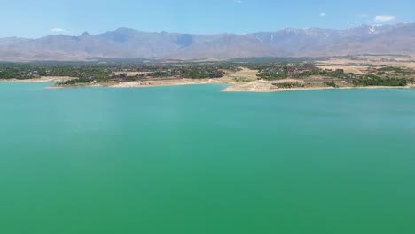 Aerial-View-of-Lake-Landscape-in-Kabul-Afghanistan,-Blue-sky