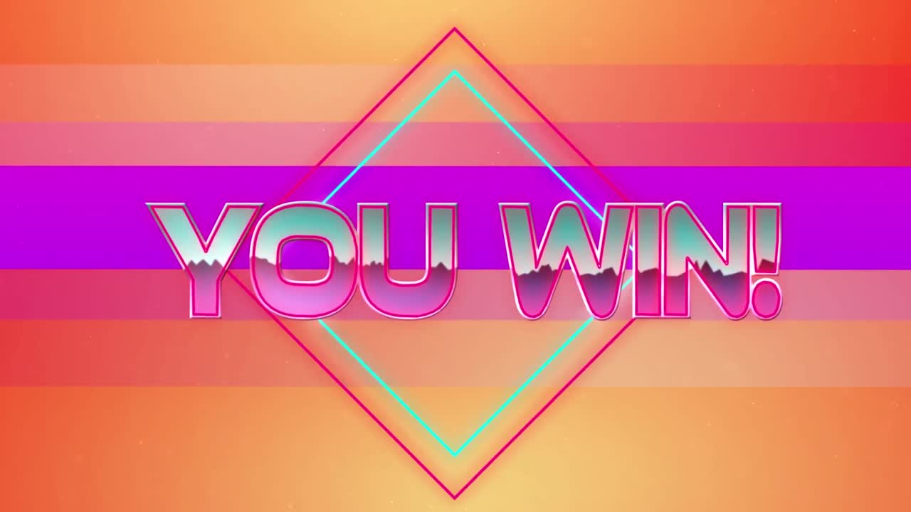 당신이 승리하는 분홍색 금속 텍스트의 애니메이션, 네온 라인, 보라색과 오렌지색에