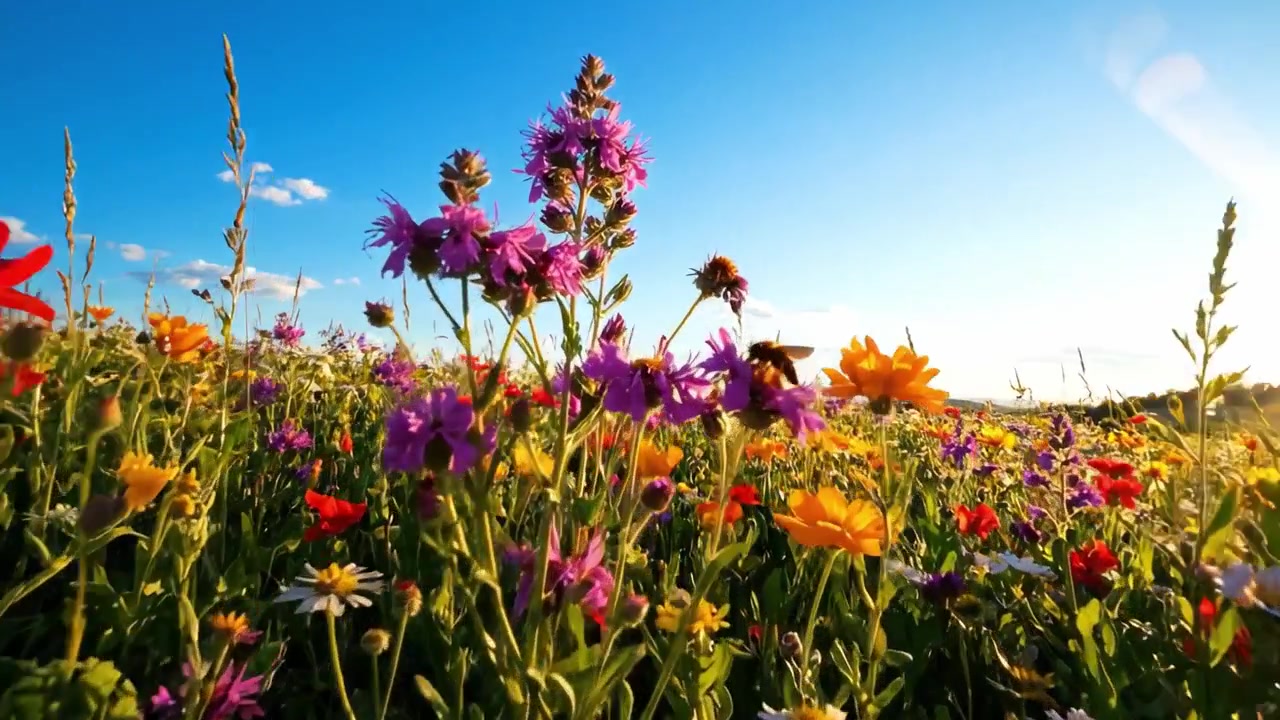 Uma paisagem deslumbrante de flores silvestres vibrantes banhadas pela luz dourada do sol, exibindo a generosidade da natureza e a beleza de um prado florescente em plena floração.