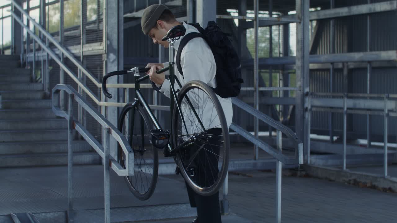 남자 가 계단 을 올라 자전거 를 고 있다
