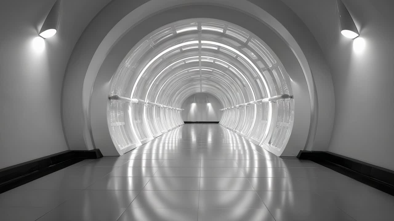 En betagende futuristisk korridor oplyst af bløde, hvide lys, med et elegant design, der fremhæver symmetri og moderne arkitektur i en minimalistisk stil.