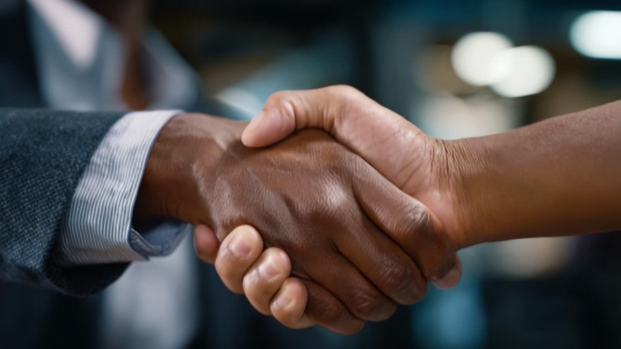 A Firm Handshake Symbolizing Partnership, Trust, and Cooperation Between Two Individuals in a Professional Setting