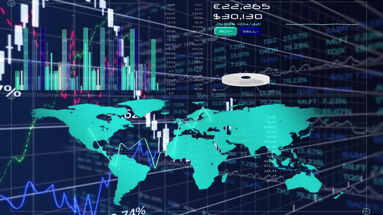 Animation of financial, statistical and stock market data processing against world map