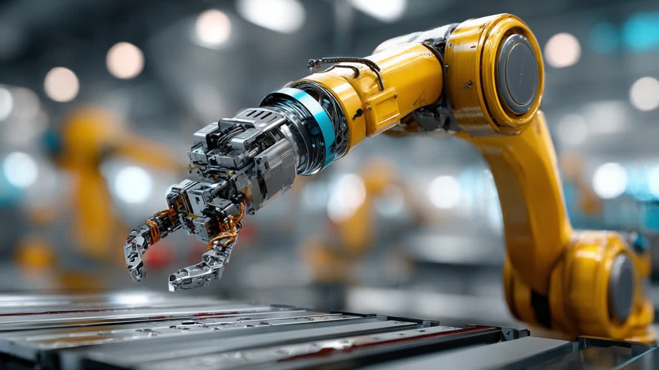 Advanced Robotics: A Sleek Yellow Robotic Arm Engaging in Precision Tasks in a Modern Industrial Setting with a Focus on Automation Technology and Engineering Innovation