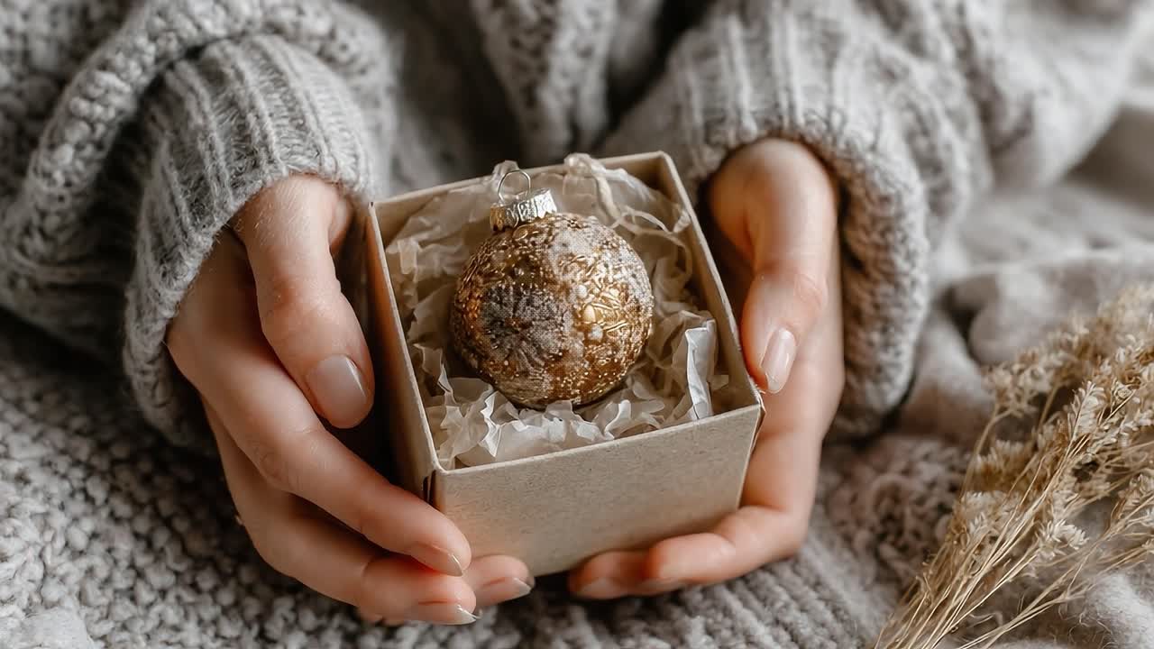 A Cozy Winter Moment: A Person Holds a Beautifully Wrapped Decorative Ornament in a Gift Box, Surrounded by Textured Fabrics and Natural Elements for a Warm Holiday Vibe