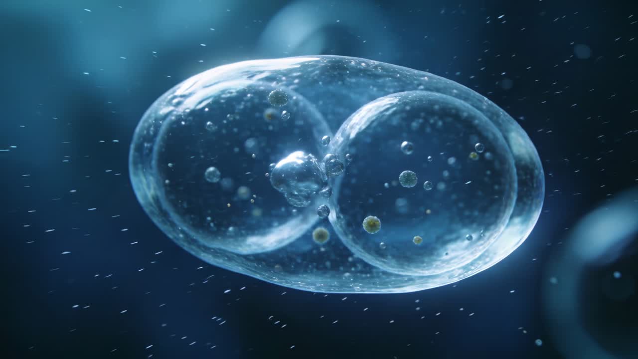 Drifting double-lobed vesicle with inner droplet shifting and forming bud at neck, with particles
