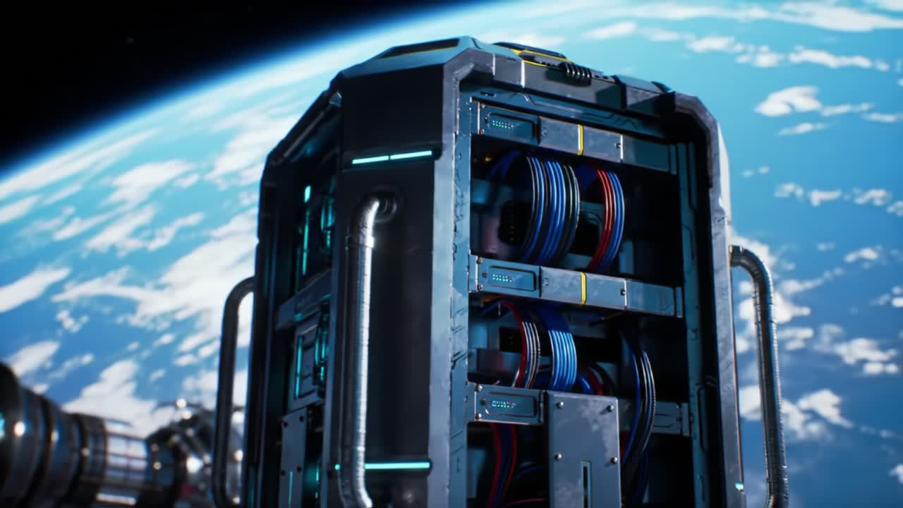 Futuristic Data Core Module in Space Above Earth, Showcasing Advanced Technology with Illuminated Circuitry and Complex Wiring in a Stellar Environment
