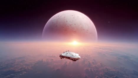 spaceship over a planet at sunrise