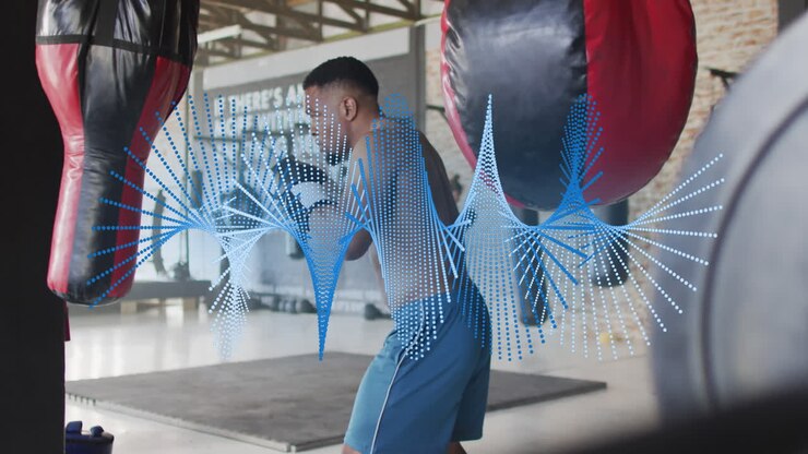 Animation of dna strand over african american man exercising in boxing gym