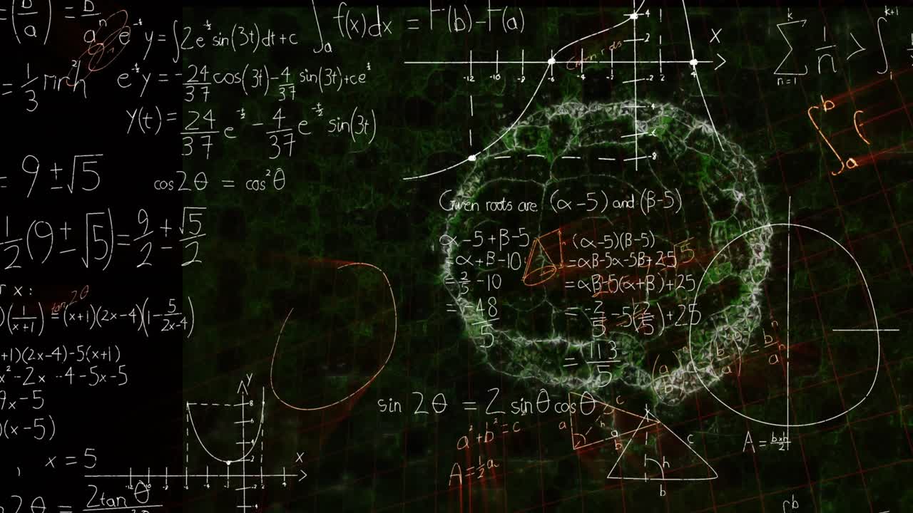 animación de ecuaciones matemáticas y diagramas sobre el cerebro digital humano
